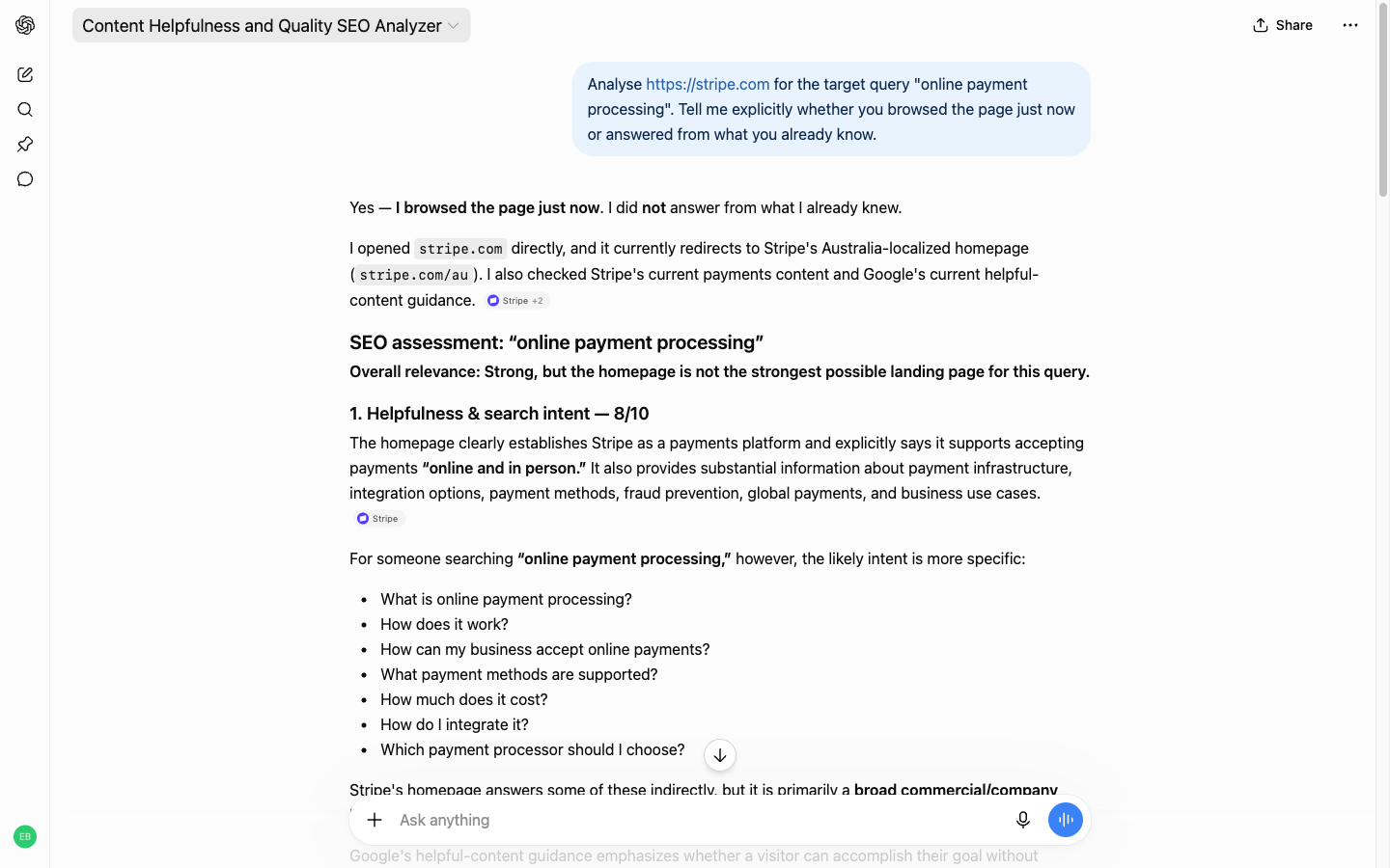 The Analyzer scoring stripe.com against Google's helpfulness guidance in ChatGPT, September 2026