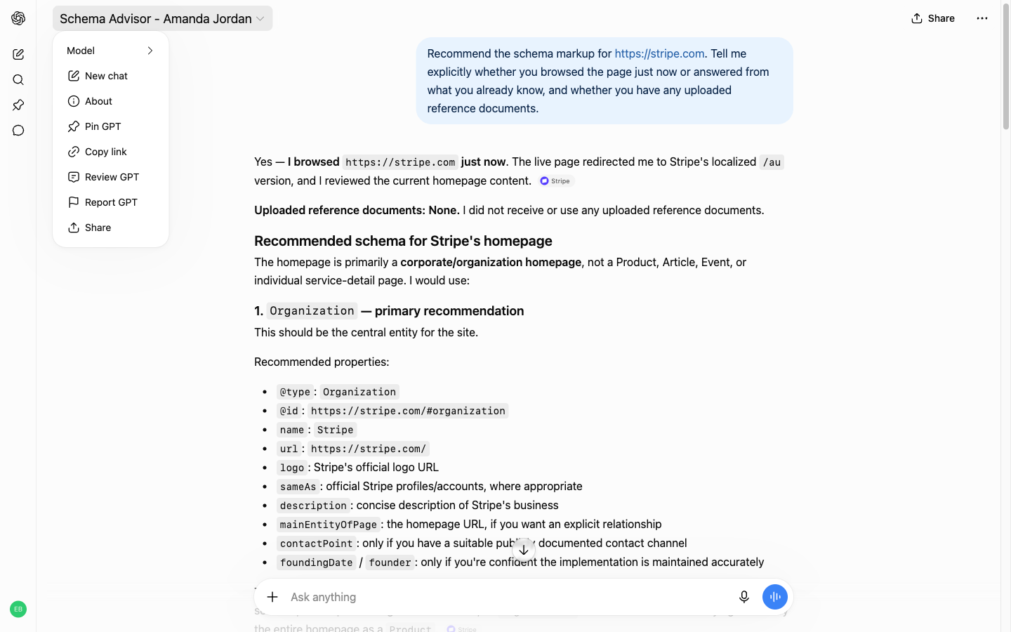 Amanda Jordan's Schema Advisor returning JSON-LD for stripe.com in ChatGPT, September 2026