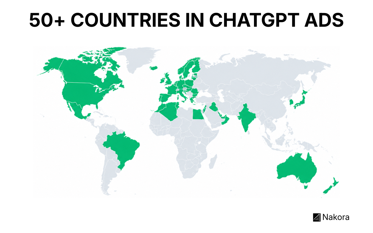 World map of the 52 countries where ChatGPT Ads is available, including the US, Brazil, most of Europe, India, Japan, and Australia