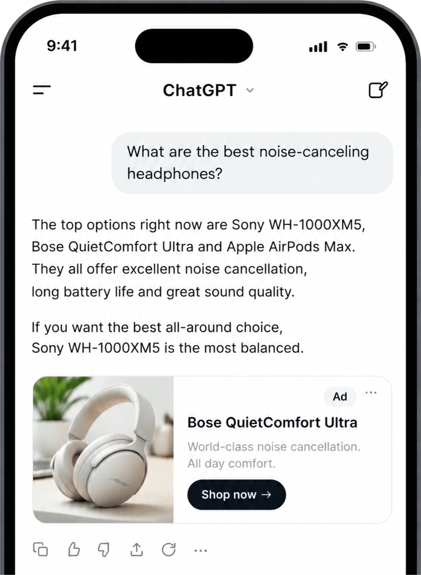 ChatGPT on a phone answering a product question, with a sponsored ad placement in the reply